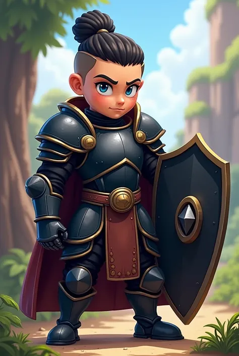  Paladin bun with shield and heavy black armor, with hair shaved on the sides and a ,  Blue Eyes, Disney Pixar style, pixel art,  realistic photo 