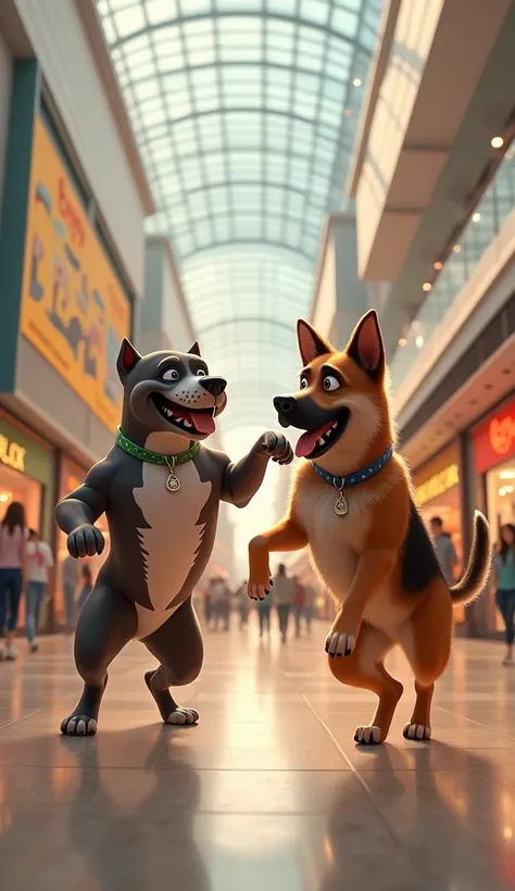 Pitbull dog and German Shepherd dancing together in front of shopping mall.