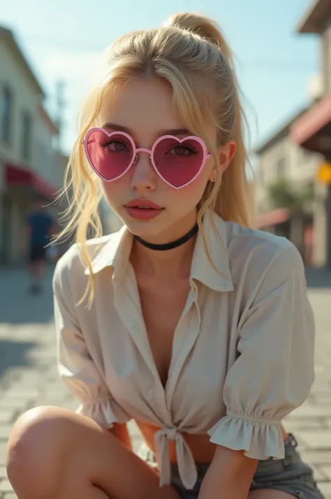 Ultra-realistic 8k CG, masterpiece, ((Ultra detailed background, Intricate details)), best quality, Intricate details, Chromatic Aberration, woman, 20 years old, looking at viewer, white crop top, tied crop top, pink heart shaped glasses, pink heart glasse...