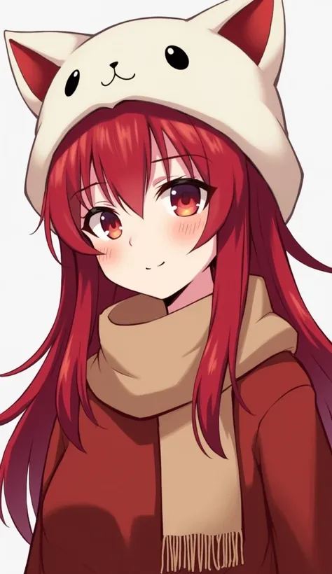 A woman with long straight hair, red hair, wearing a white cat hat, wearing a red sweater, wearing a griffindor scarf, is a jibi.