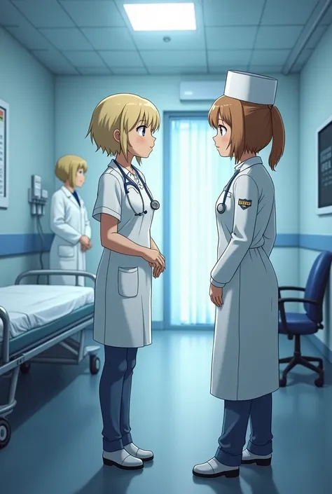  in the emergency room of a hospital there is a weak patient ,  next to her there is a doctor and a nurse next to her who is asking her about her symptoms, Its in anime style the nurse has short blond hair and straight her white uniform without a robe 