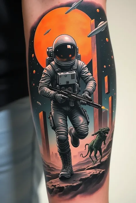 Create a realistic tattoo on a forearm in black and gray. 
 Create a beautiful sky with a single orange planet ,  a flying saucer and lots of stars and comets .  Create Many Stars in the Sky .  Create everything in an extremely realistic tattoo on a forear...