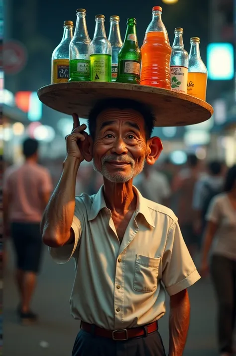 70 years old man, Indonesian male caricature, with real human skin color, short black hair, obvious wrinkles, wearing a white shirt and trousers, selling glass and bottled drinks, carried on the head, background of night crowds, and very realistic, high co...