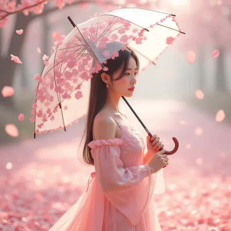 Beautiful korean girl 28 years old name chibi sakura written on her attire half body. Facing left(holding umbrella(transparent,(mass amount of petals decorate umbrella:1.3))), (mass amount of petals filling in the air:1.5). petals cover ground. minimalism,...