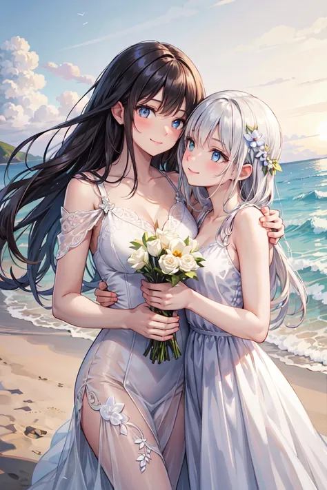  beautiful woman,  white dress, On a beautiful beach,  long disheveled hair , make out,  light smile , Holding flowers, ,  realistic ,  bright color,  high detail, UHD illustrations ,  perfect composition on the board,  beautiful detailed intricate 
