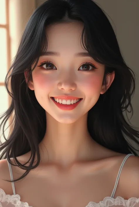 Young adult Korean girl smiling with long black hair 