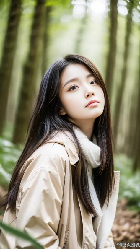 super quality、 ultra high resolution、8k、prety、The most beautiful woman in the world、（ brown long hair:1.5）、Small face、Thin, thin eyebrows 、daytime、forest、realistic、（ White jacket :1.5）、 scarf、Sad Expression 、 sexy pose、
