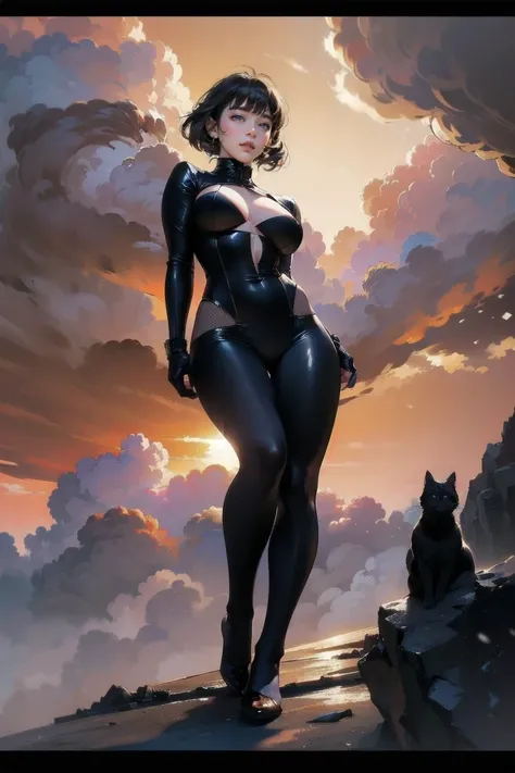 Full body image, (female thief sexy cat is standing on a rock in the turbulent clouds and thunder, surrounded by quiet clouds and mist. The background is a sunset, the sky is red Art, (from below, perspective, horizon shot) , (perfect face + supermodel + d...