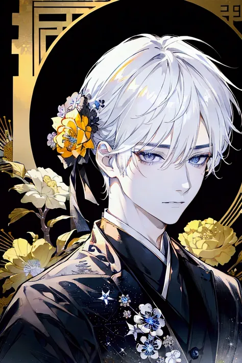 Male, ultra-detailed, high resolution, absurdres, HDR, 9 seconds, white hair with bangs, clear black eyes, dark circle under the eyes, handsome, only one person, very detailed face, star, black steel, hanbok, yellow Korean lantern in hand, nier automata, G...