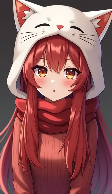 A woman with long straight hair, red hair, wearing a white cat hat, wearing a red sweater, wearing a griffindor scarf, is a jibi.