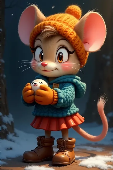 Cute giant anthropomorphic mouse girl mobian furry looking at , gentle smile,  in perspective with orange wool hat blue sweater red skirt brown boots orange wool gloves Sonic mobian style giant, with a pose of holding something small , Sonic mobian style i...