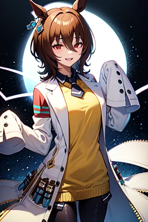  Agnes Tachyon 、Horse Girl、One person、 girl、Horse ears、Horse tail、 earring on one side 、Red eyes、 lines in eyes 、 shorthair、 brown hair 、Jacket、（White coat:1.2)、(bigger sleeve than wrist :1.1)、 yellow big sweater、 ties、 black pantyhose 、Stray hair、best qua...