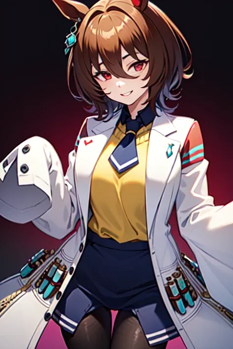  Agnes Tachyon 、Horse Girl、One person、 girl、Horse ears、Horse tail、 earring on one side 、Red eyes、 lines in eyes 、 shorthair、 brown hair 、Jacket、（White coat:1.2)、(bigger sleeve than wrist :1.1)、 yellow big sweater、 ties、 black pantyhose 、Stray hair、best qua...