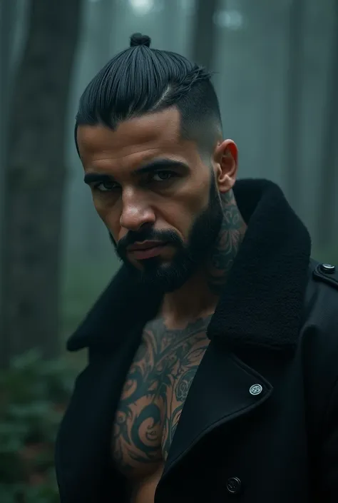 Generate an image of a handsome guy with realistic 4k graphics in the background of shady demon..Though he do have silver colour eyes and his hairs are as like drake hair moreover he do have tattoos over to his face n along with that he do have neatly trim...