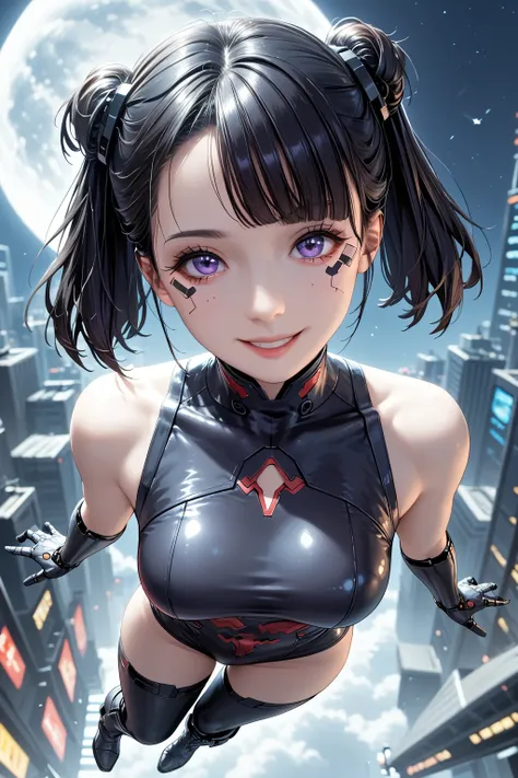   Masterpiece   ,  top quality, (solo focus), (   perfect face:1.5),     angle seen directly above    ,  full body close-up ,  An 18-year-old girl is smiling brightly  ,  Im wearing shoulder-length black opera gloves and black tights ,  Im wearing a metall...