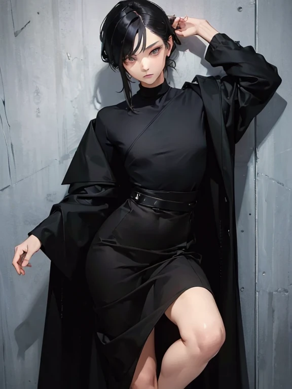 (  Masterpiece  ,  top quality:1.5)、（8k）、Leaning against the wall,   androgynous  person,  wearing black contemporary clothes ,  androgynous , Wearing black clothes, Tight black clothes, Wearing black clothesいました, Total body length, Woman&#39;s whole body、...