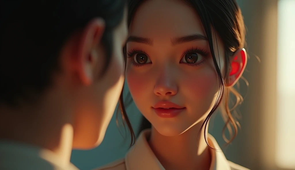 A dynamic, lifelike AI-generated character mid-action. The character is caught mid-conversation with expressive eyes and subtle facial movements, illuminated by soft directional lighting. The background is blurred to emphasize the subject, evoking a cinema...