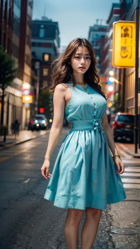 a beautiful young Japanese woman, 24 years old, with healthy thighs, beautiful legs, flawless skin, random hair color and hairstyle, large breasts, a hostess wearing a hostess dress, high heels, (she is standing:1.2), full body shot, holding a purse in one...