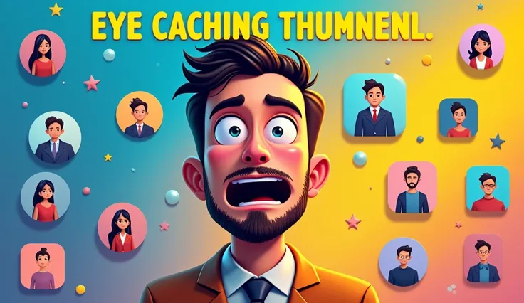 expression (wide-open eyes and mouth). Use a colorful gradient background transitioning from cool blues to warm yellows. Surround the central figure with smaller thumbnail designs in different styles, including business portraits, animated characters, and ...