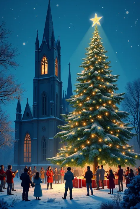 Medium 
Christmas tree standing in front of church  with  blue  light with gifts and people are gather and enjoying playing guitar and instrument
 ,singing,
