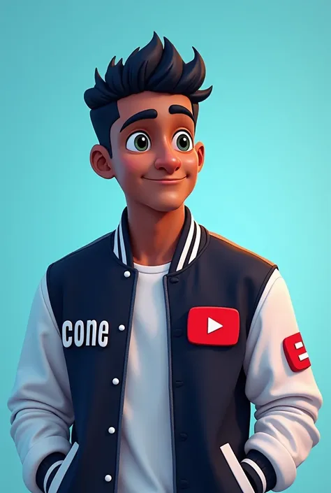  "ComeYa" my YouTube logo is red colour. My jacket write a ComeYa... channel for my jacket. For  sri lankan brown boy for my jacket white . My hair is black. My jacket a black a white. For Comedy face my background is a ice blue colour 