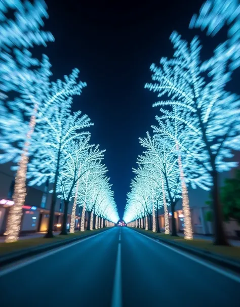 The view of Keyakizaka illumination, The street trees are decorated with lots of pale blue LED lights. city lights, motion blur, Gaussian blur. Panning photography, Shallow focus