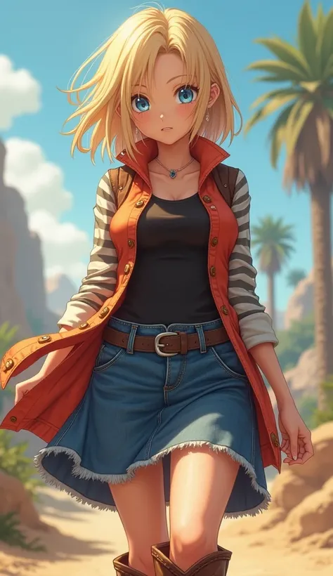 (cowboyshot: 1.2), (Android_18, And 18 ( Dragon Ball C ), (, beautiful eyes and delicate face), (face through thigh: 1.4), (Knee shot: 1.2), blonde hair,  alone, female, ( beautiful background), :),  dynamic view,  Blue Eyes ,  bright face , Sunlight, (Bri...