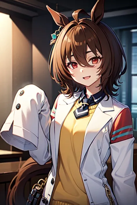  Agnes Tachyon 、Horse Girl、One person、 girl、Horse ears、Horse tail、 earring on one side 、Red eyes、 lines in eyes 、 shorthair、 brown hair 、Jacket、（White coat:1.2)、(bigger sleeve than wrist :1.1)、 yellow big sweater、 ties、 black pantyhose 、Stray hair、best qua...