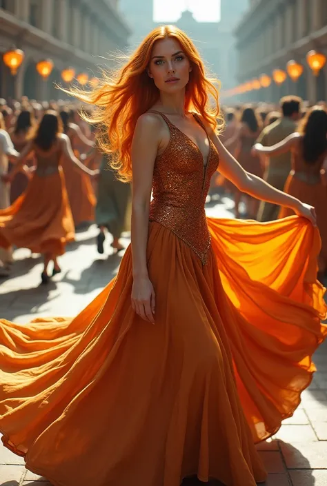 Full body a woman with smooth orange hair blue eyes is in a beautiful big dress dancing and around there are people dancing 50k resolution 