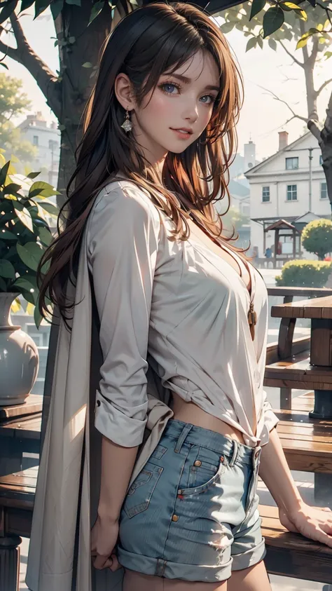   Masterpiece  ,  top quality,  Ultra Details ),  18 year old woman、Portrait with light brown hair , Green round eyes,  Beige Blouse and Blue Jeans、Smiling Blue Shorts、Singing from under the tree ( Technical Background )  and read a brown book - Auto Ultra...