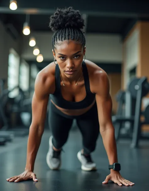 An 18-year-old Afro-descendant woman with braided hair tied into a high bun, wearing a black sports bra and panties with athletic shoes, is captured mid-lunge in a well-lit gym. The shot from below emphasizes her strength and determination, with sleek gym ...