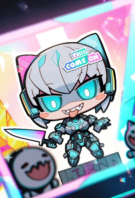 dynamic angle, depth of field, bokeh, a cute chibi android girl mascot with big display head is holding a glitter tactical knife., Featuring large glitching 3D typography that reads "come on!", dirty smile with upper jagged teeth while sticking out tongue,...