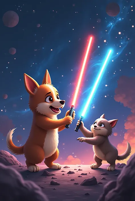 Dog and cute fighting in space with lightsaber . 
Background at the universe . 