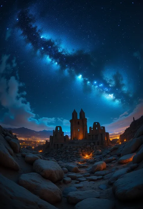 a vast ancient city at night, 360 degree panoramic view, first person perspective, fisheye lens, mystical starry night sky, endless stars that make you ponder the deep history, natural phenomena presented as ancient ruins, ARW