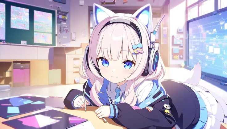  Beautiful Nekomimi girl listening to music with headphones、 inside the room Classroom with blackboard next to it  High resolution,  looking at the spectator, smile,  blue eyes ,  High resolution, Anatómicamente correcto, 