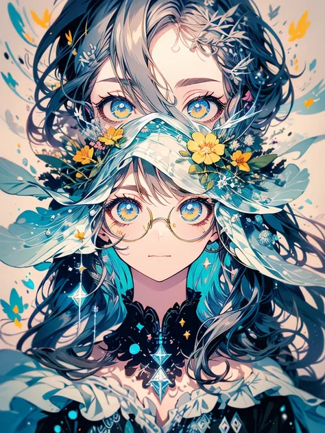  long hair、Gray Hair、Wonderful、最 High Quality 、Beautiful very 、 absurd、With bangs、Glasses、 yellow eyes、(  absurd ,  High Quality  ,  super detailed, Hands carefully )Zodiac sign - Cancer Goddess ,   Just like how good Latin is  ,  intelligent , Crafty, Rat...