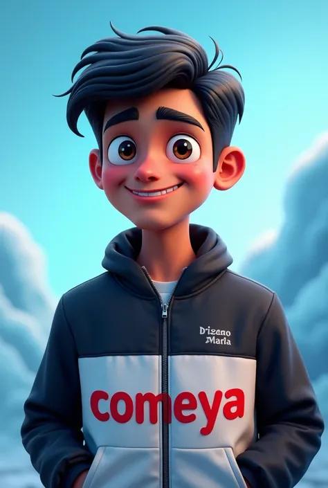  "ComeYa" my YouTube logo is red colour. My jacket write a ComeYa for a small front size channel for my jacket. For  sri lankan white boy for my jacket white . My hair is black. My jacket a black a white. For Comedy face my background is a ice blue colour 