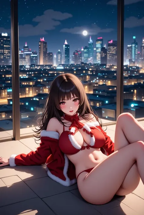 Anime Illustration, A beautiful Xmas babe in a rooftop, wide hips and narrow waist, she is posing sexy lying on the ground, cinematic, wide angle lens, from below, wide angle lens 