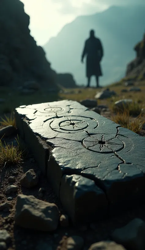 A dramatic close-up of a cracked and ancient stone tablet partially buried in the earth, inscribed with celestial symbols. In the background, a shadowy figure with indistinct features looks on from the edge of the scene, as if guarding the secret. The ligh...