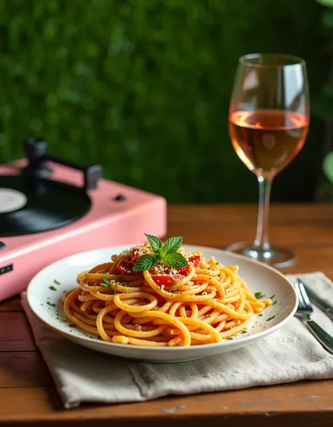 (Hd photo, High quality, pasta on the wooden table, pink vinyl player left side on the table, glass of wine, grass of wall at the background, the pasta looks so delicious, there is no people, no window, no sofa