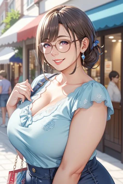 Alone,Mature Woman、 with incredibly big breasts、WIDE HIP、Glamour、 chubby、 plump 、Glasses、 bangs separated at center、smile、Light Blue Blouse、 nasolabial fold 、Shopping Street、Upper body composition、