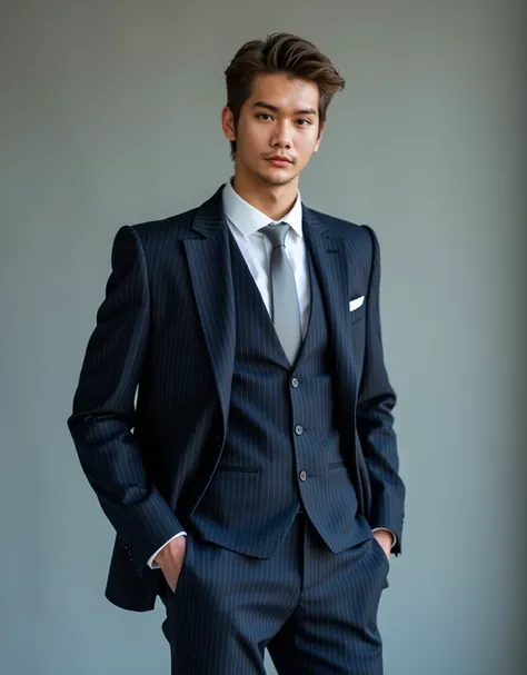 22-year-old male model, dark blue, tailored bankers suit, subtle pinstripe pattern, crisp white shirt, silver tie. Neatly styled hair, sophistication, youth. Soft studio lighting, balanced contrast, accentuate suit details, facial features. Editorial fashi...