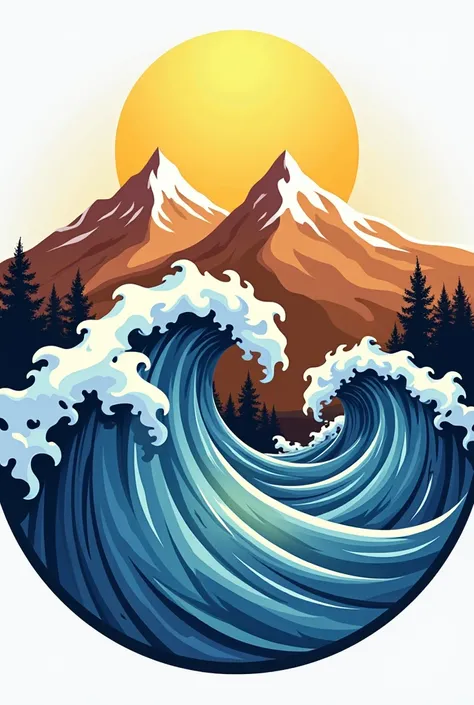 give me a logo with mountains and waves with a sun shining make it colorful