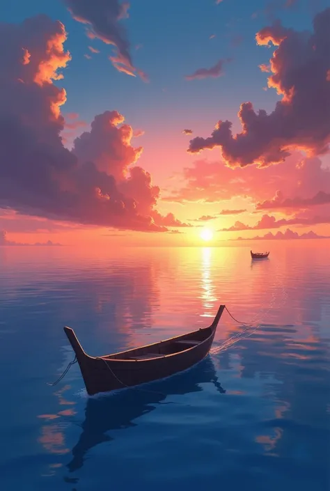 Sunset on the blue sea and the boat in the distance