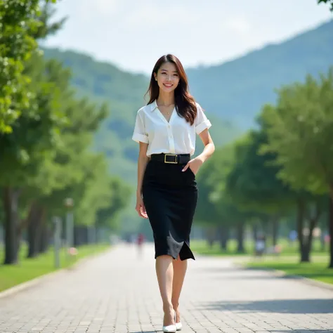 Thai woman confidently walking outdoors on a paved path surrounded by lush green trees and hills under a clear blue sky. She is wearing  a white blouse short sleeves and a black pencil skirt with a black belt, and white high heels, giving off a stylish and...