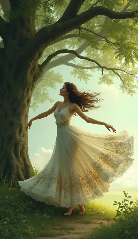 A beautiful brunette woman Clara 39 in 
 unique art style dress 
She is gracefully elegant and with one for her dress under a tree dancing video 