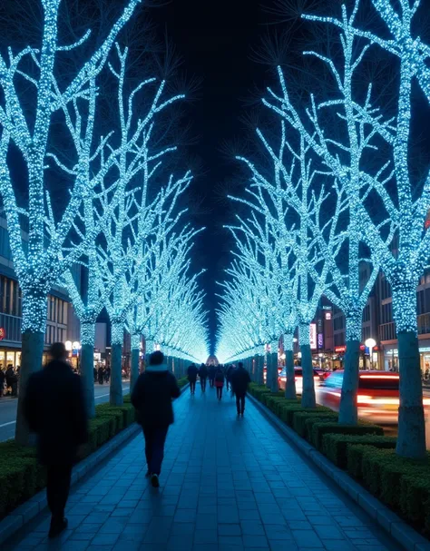 The view of Keyakizaka illumination, The street trees are decorated with lots of pale blue LED lights. Passersby, Cars passing by, city lights, Long Exposure, Timelapse art, motion blur, Gaussian blur, Gaussian filtering. Panning photography, Shallow focus