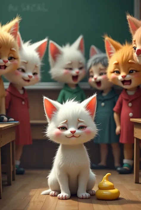 Class Laughing at Her**  
- **Setting**: Same classroom, but now the students are gathered around the kitten, pointing, laughing, and whispering.  
- **Focus**: The white kitten is at the center, looking down with tearful eyes, visibly upset.  
- **Details...