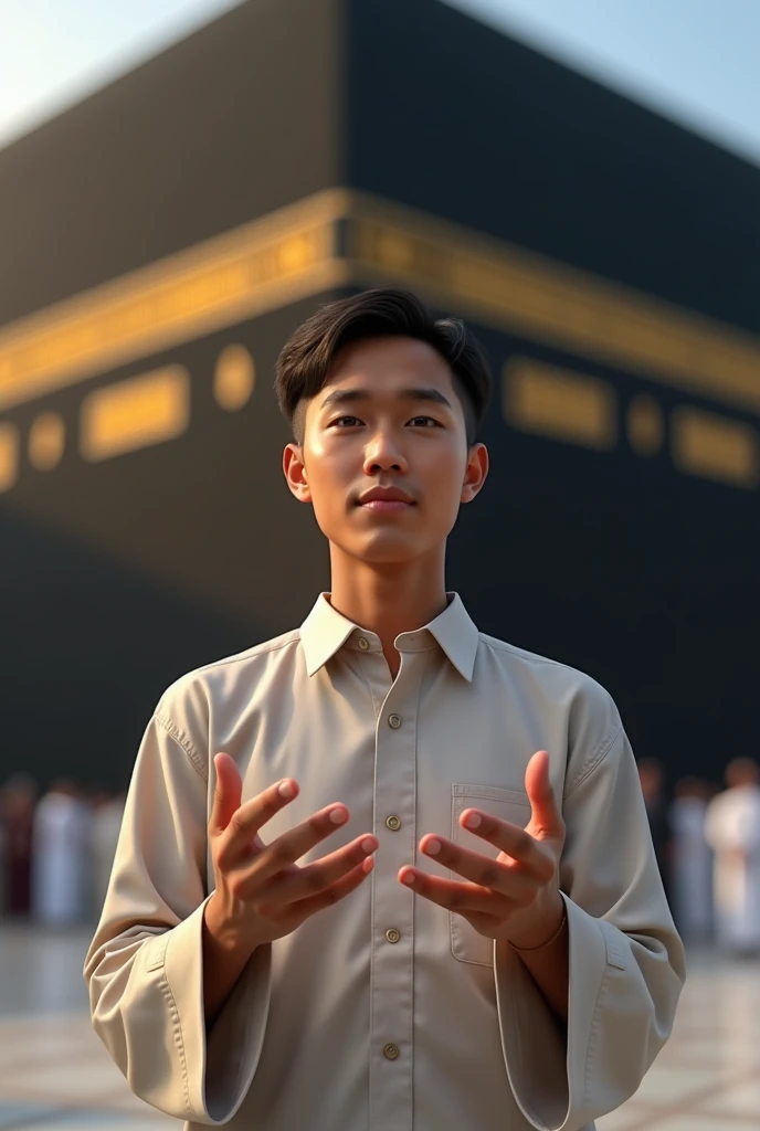 a 28 year old Indonesian man,unbearded is umroh with his hands open in the background of the Kaaba 