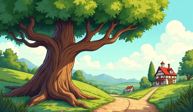 Cartoon image   the big old oak tree that stood at the entrance to their town.at distance 